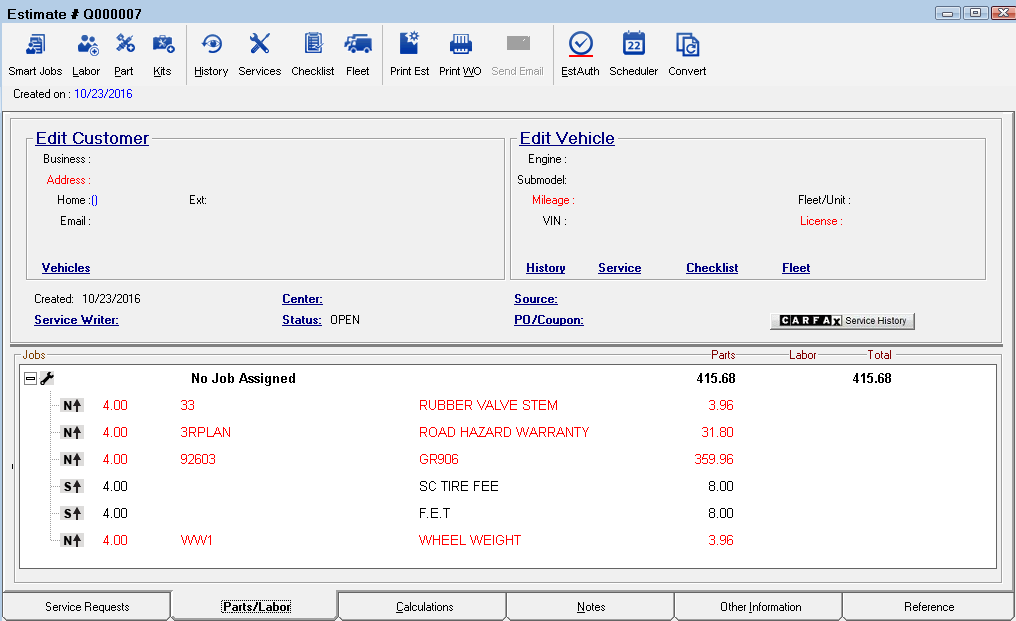 The new phone quote window with parts and labor added