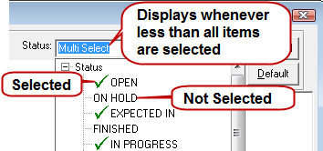 The Status dropdown list explanded and showing statuses selected and not selected.