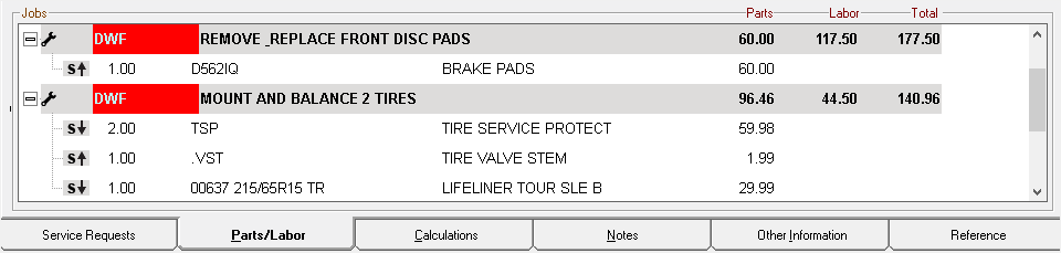 The Jobs section dislaying parts and labor.