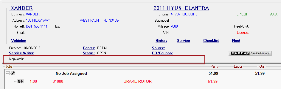 The Keywords field blank on the Parts/Labor tab.