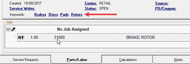 Keyword links in the information section when a part is selected in the jobs section.