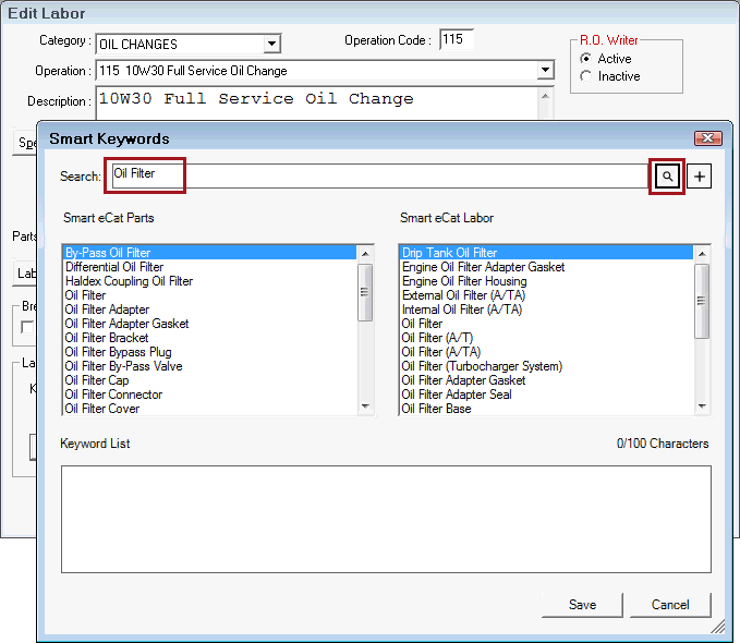 The Smart Keywords window showing search results for an oil filter.