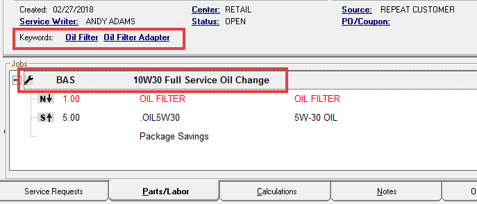 The Parts/Labor tab with the labor operation selected and the associated keywords displaying in the Keywords field.
