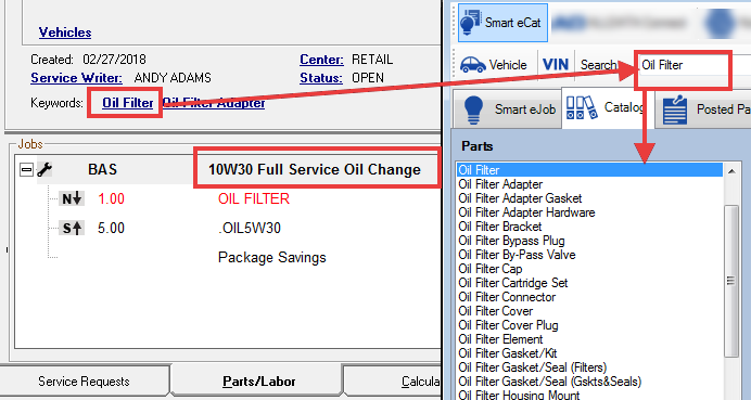 The keyword circled and pointing to the keyword search results in Smart eCat.