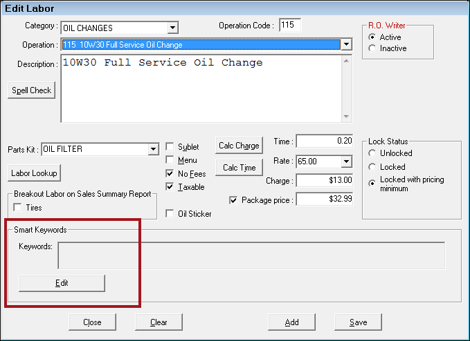 The Edit Labor Configuration window with the Smart Keywords section circled.