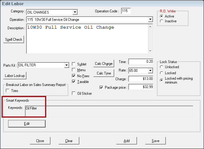 The Edit Labor window in R.O. Writer Configuration showing keywords entered for the labor operation.
