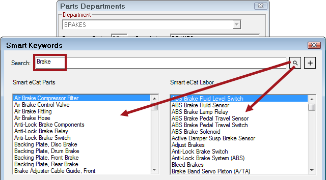 Search results showing in parts and labor for a keyword.