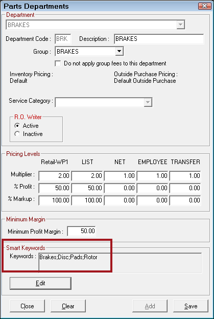 Keywords saved in the Keywords area.