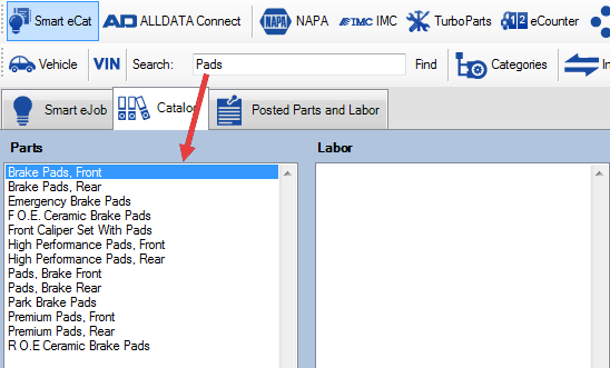 Keyword search results on the Catalog tab of Smart eCat.