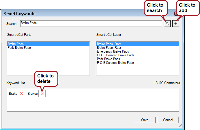 The Smart Keywords window with the search, add, and delete buttons explained. 