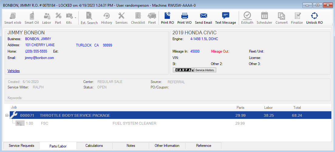 The parts/labor tab of a locked ticket.