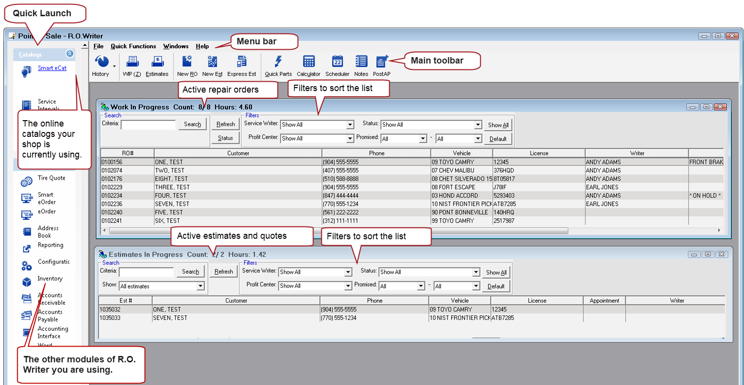 The main window with captions pointing to the parts of the window described below the image.