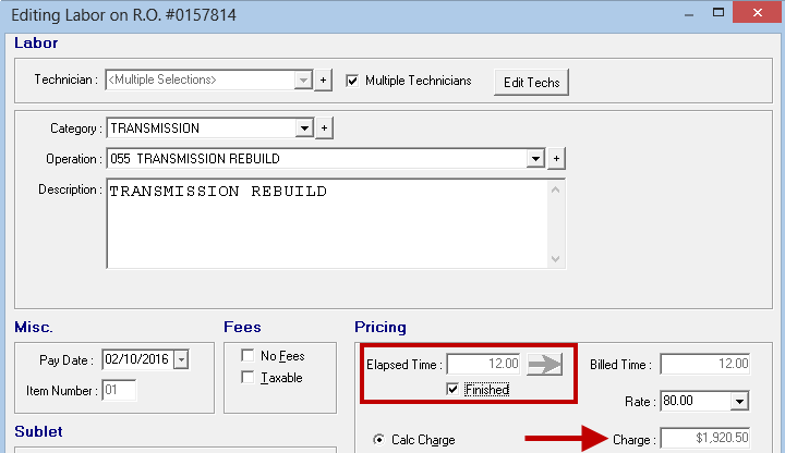 The Elapsed time and charge entered and no longer editable.