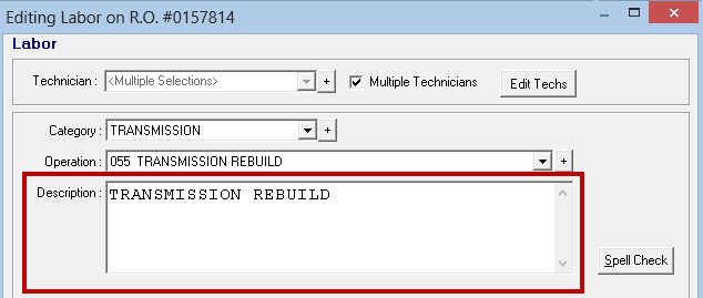 The Description box of the Editing Labor window.
