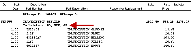 Multiple technician initials on the printed repair order and invoice to the customer. 