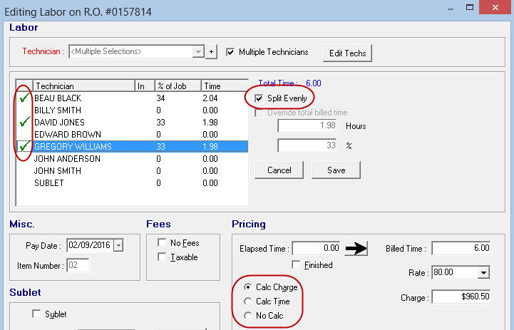 The Editing Labor window showing multiple technicians configured for the job.