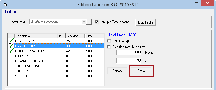 multiple technicians selected on the Editing Labor window.