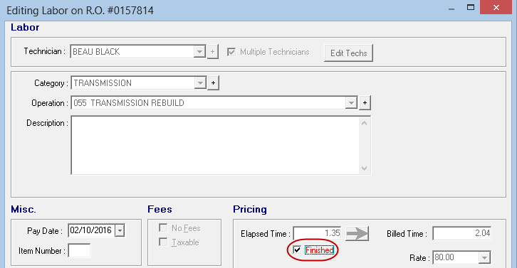 The Finished box checked on the Editing Labor window.