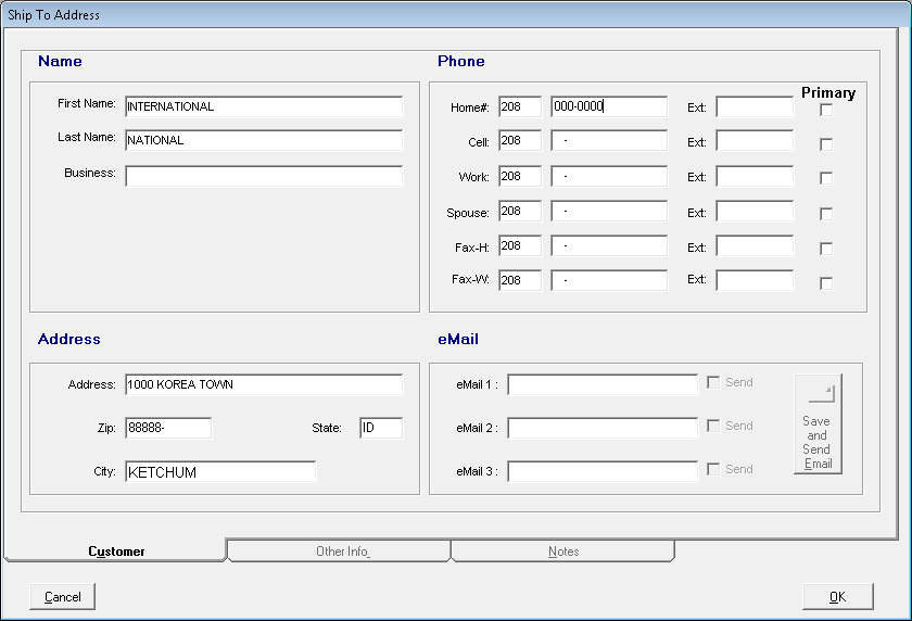 The Customer tab on the Ship To Address window with the Other Info and Notes tab disabled.
