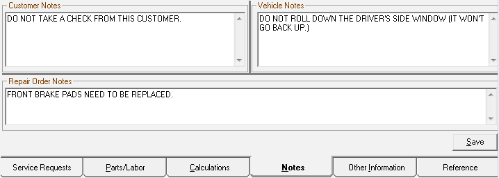 The Notes tab with customer, vehicle, and notes.