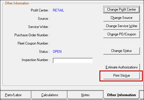 The Print Sticker button circled on the Other Information tab.