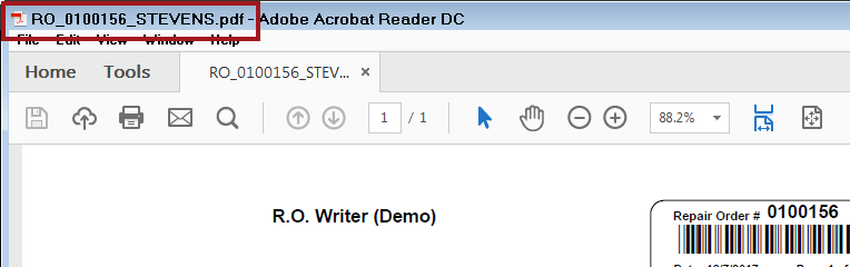 The title bar of the PDF showing the RO number and customer name.