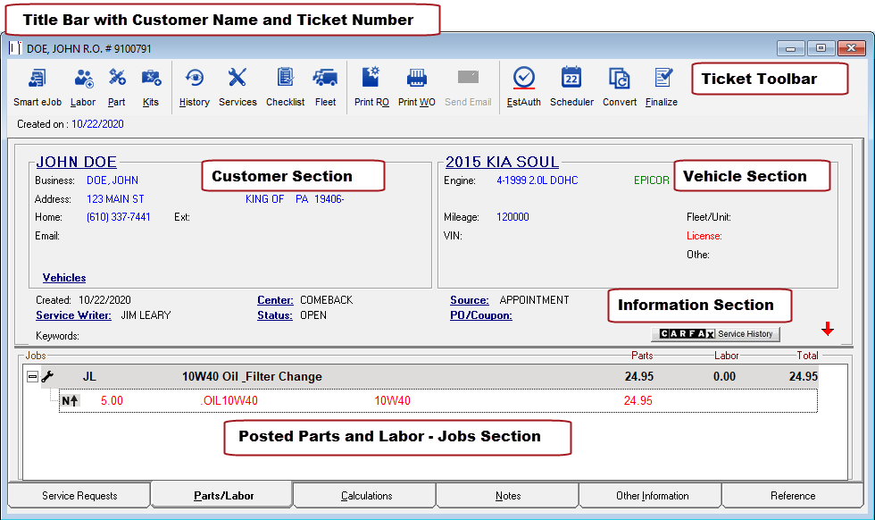 The Parts/Labor tab with text labels on each part of the window.