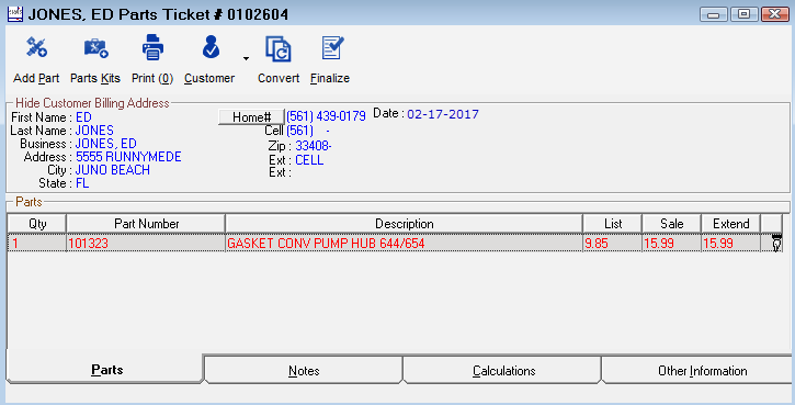 The parts-only ticket window with only parts added.