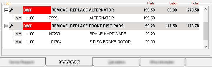 The Jobs section of the Parts/Labor tab showing parts and labor in the job-based view.