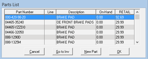 THe Parts List displaying matching parts.