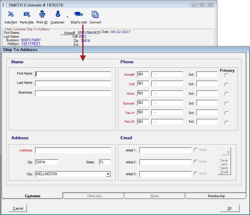 The Ship To Address window opened from the Ship to Add button in the toolbar.