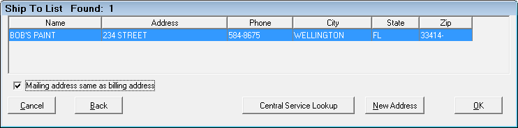 The Ship To List window with one address found.