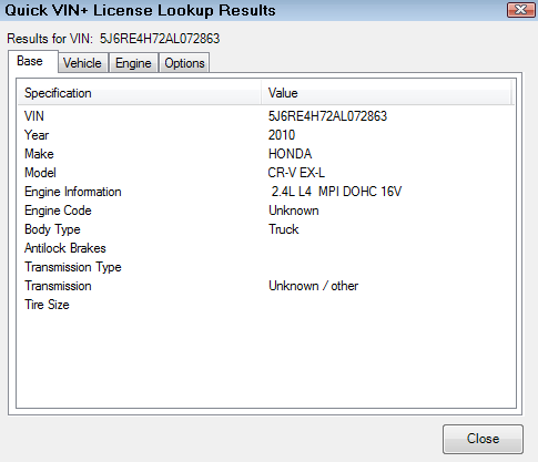 the base tab displaying vehicle information.