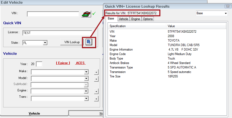 The information button with the Base tab appearing over the rest of the edit vehicle window.
