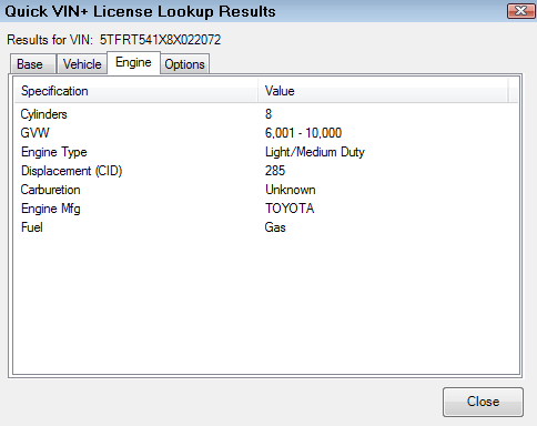 the engine tab displaying engine information.