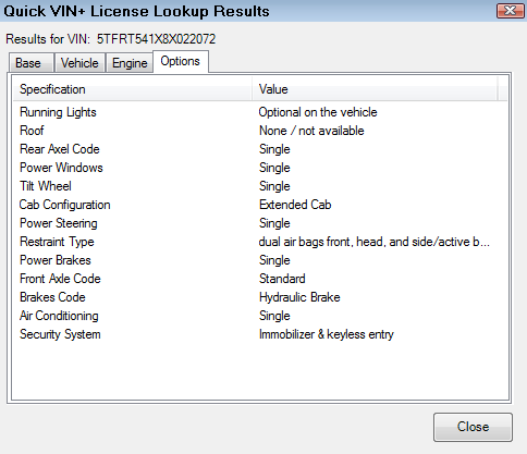 the options tab displaying miscellaneous vehicle information.