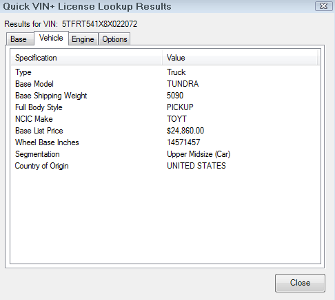 the vehicle tab displaying vehicle information.