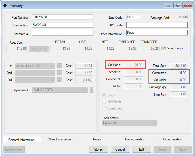 The General Information tab of an inventory record with the on-hand, committed, and on-order values circled.