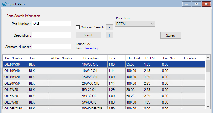 The search result columns.