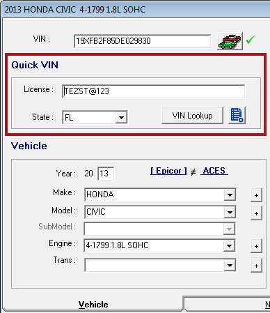 The Edit Vehicle window with the Quick VIN section circled.