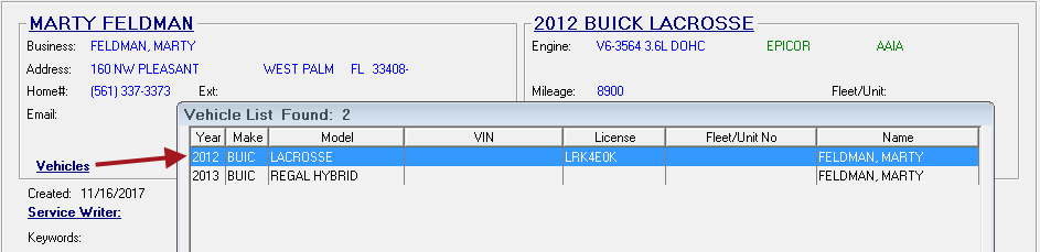 The Vehicle link pointing to the list of vehicle that appear when you click it.