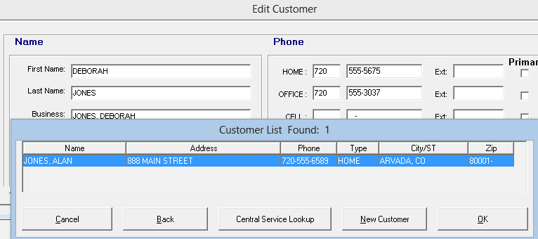 The Customer list showing a matching customer.