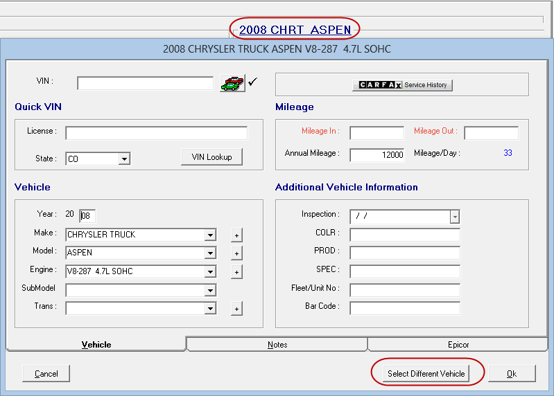 The vehicle window with the Select Different Vehicle button circled.