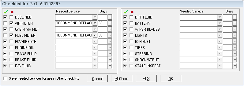 The Checklist window with some items checked and some items declined.