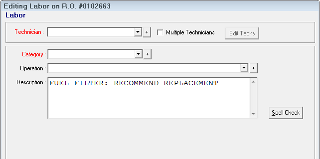 The Editing labor window with only the description box completed.