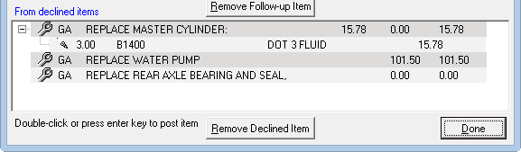 The declined items in the bottom half of the window.