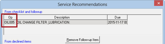 The checklist and followup section with codes in the Op column.