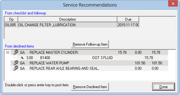 the Service Recommendations window.
