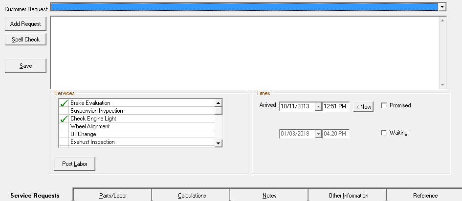 The service request tab.