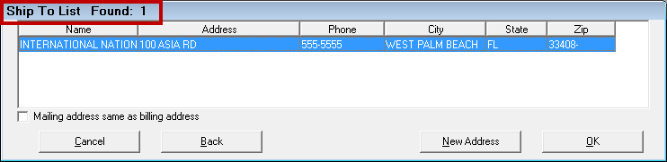 The Ship To List window showing one ship to list.